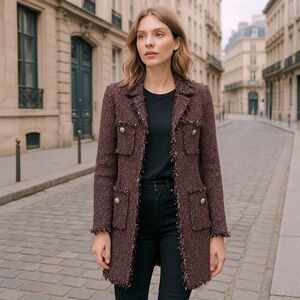 Zara Basic Tweed Longline Coat Jacket XS Black Red Fringe Bouclé